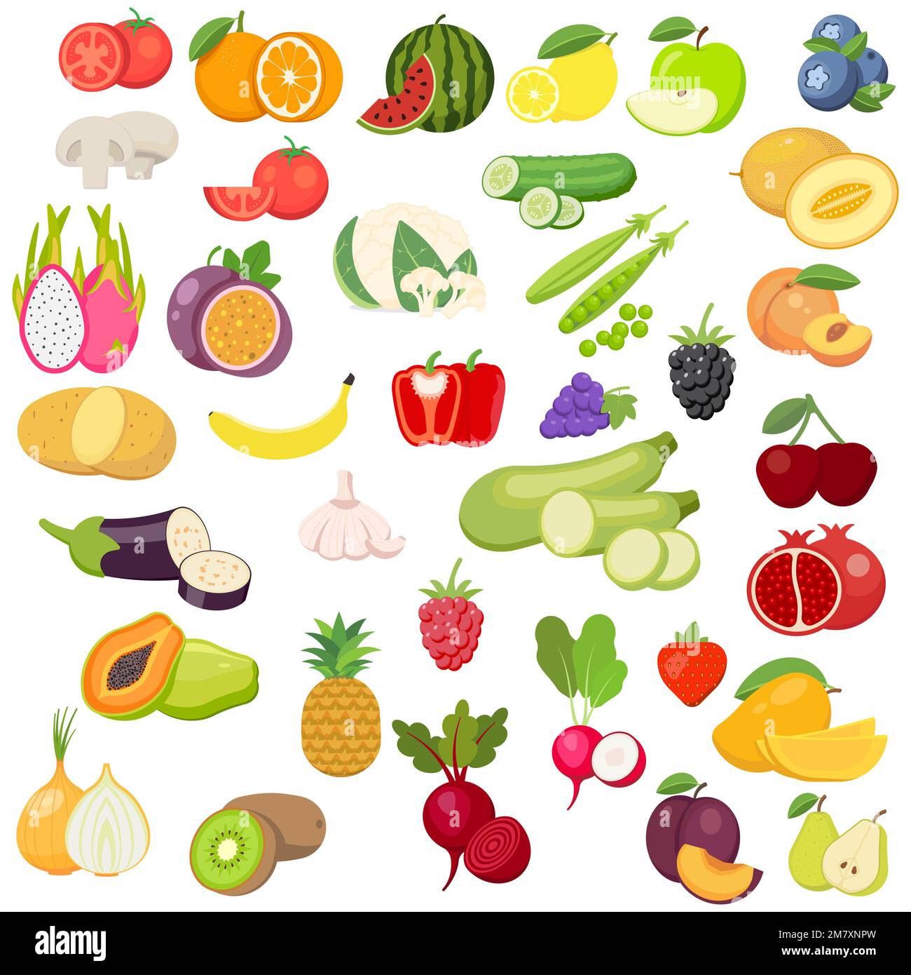 Vector fruits and vegetables icon set isolated on white background ...
