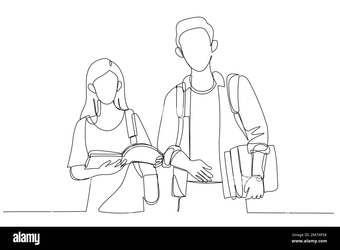 Drawing of students couple in school library have discussion about subject. Single continuous line art style Stock Vector