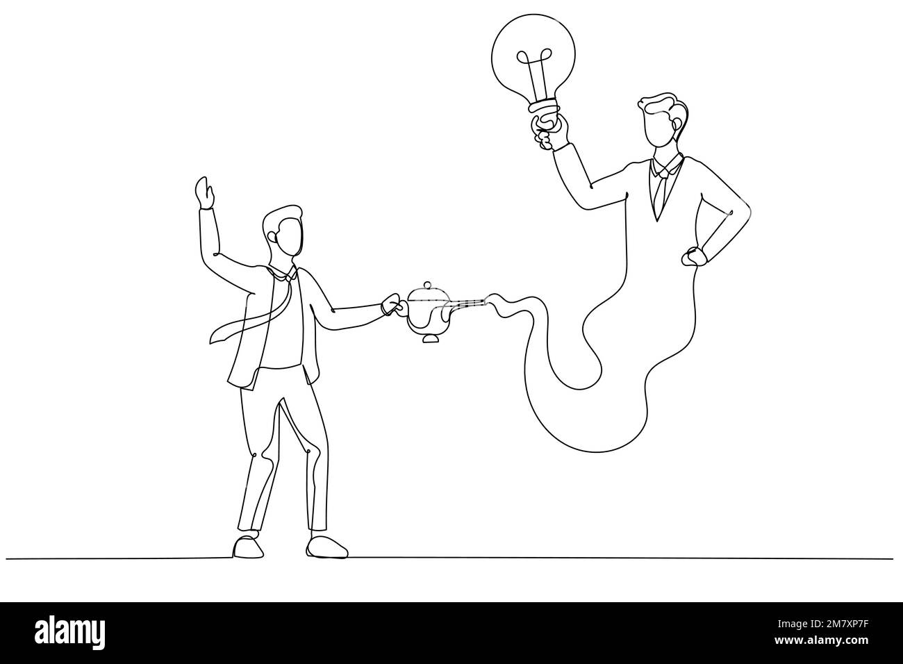 Cartoon of businessman genie holding idea bulb come out of magic lamp