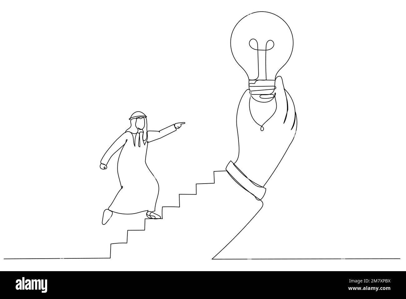 Illustration of arab businessman step on stair of big hand holding inspiring bright lightbulb. Inspiration idea. Single line art style Stock Vector