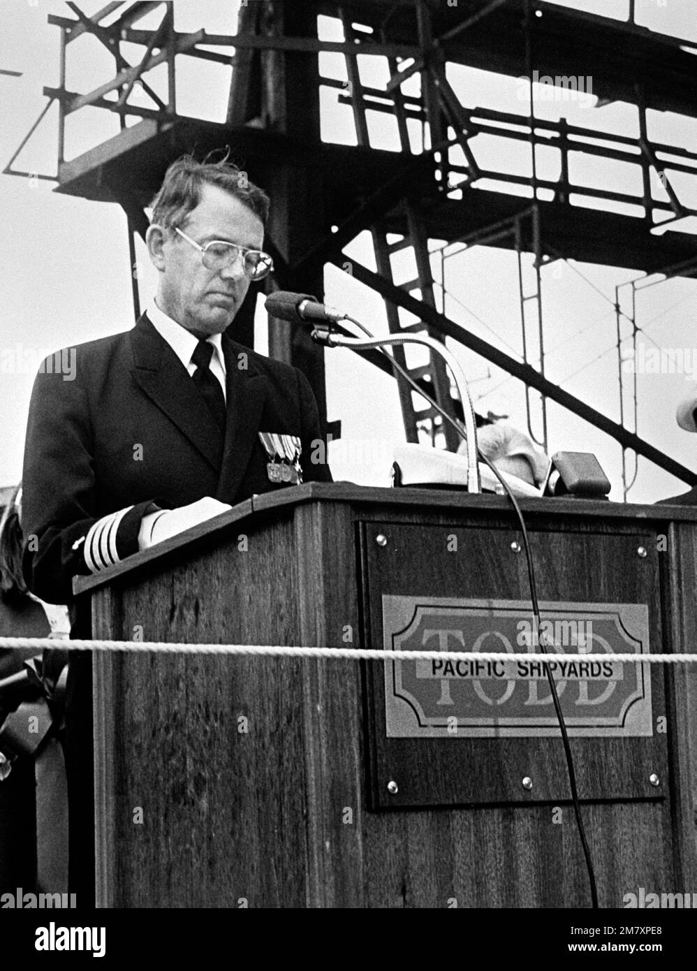 Chaplain (Capt.) Joseph A. Brennan speaks during the launching ceremony
