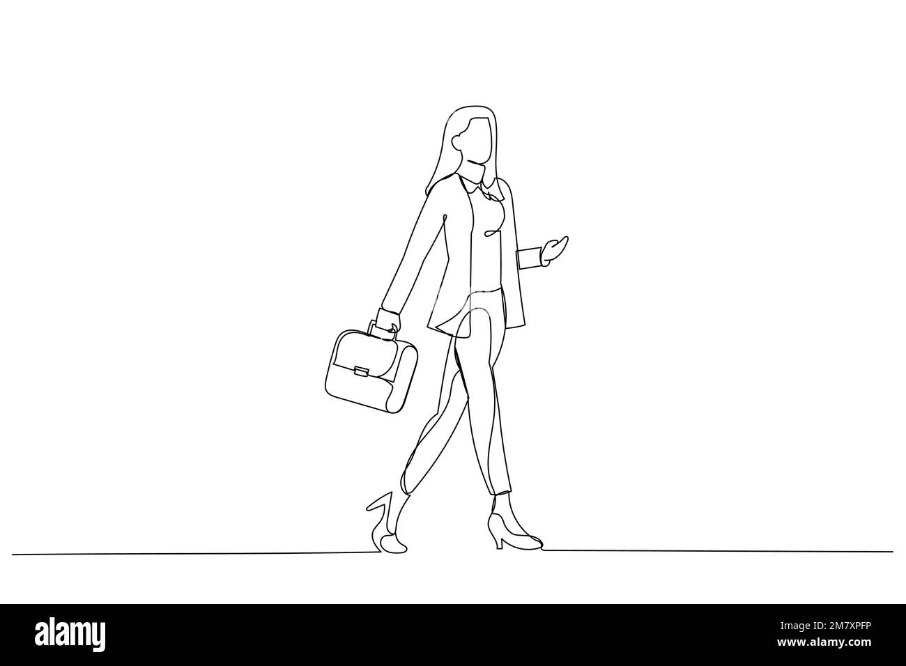 Cartoon of attractive businesswoman walking meeting wear blazer pants high heels. One line style art Stock Vector