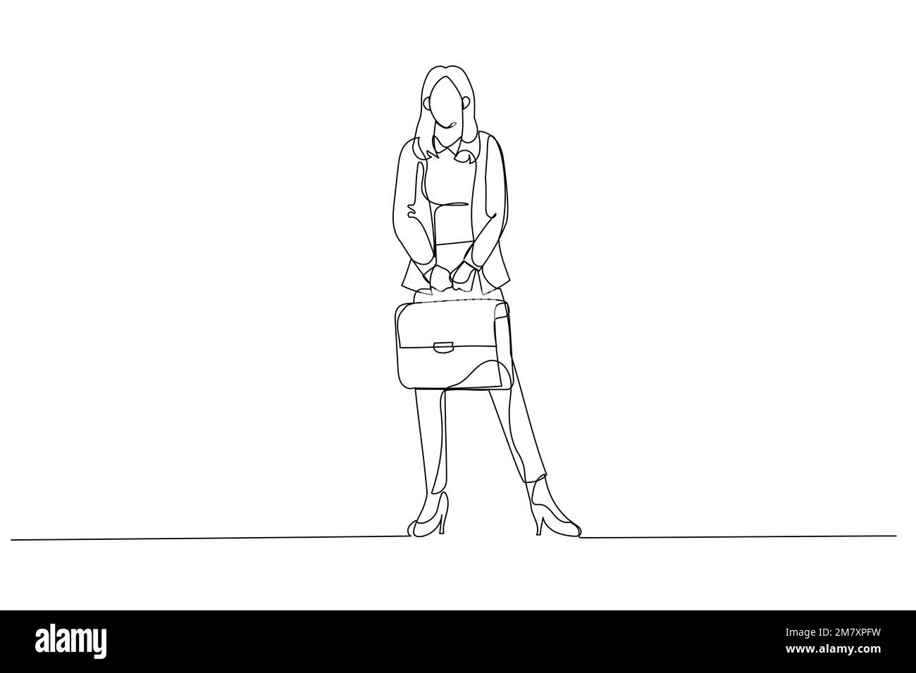 Illustration of businesswoman hold diplomat bag wear specs shirt checkered blazer trousers high heels. Single line art style Stock Vector