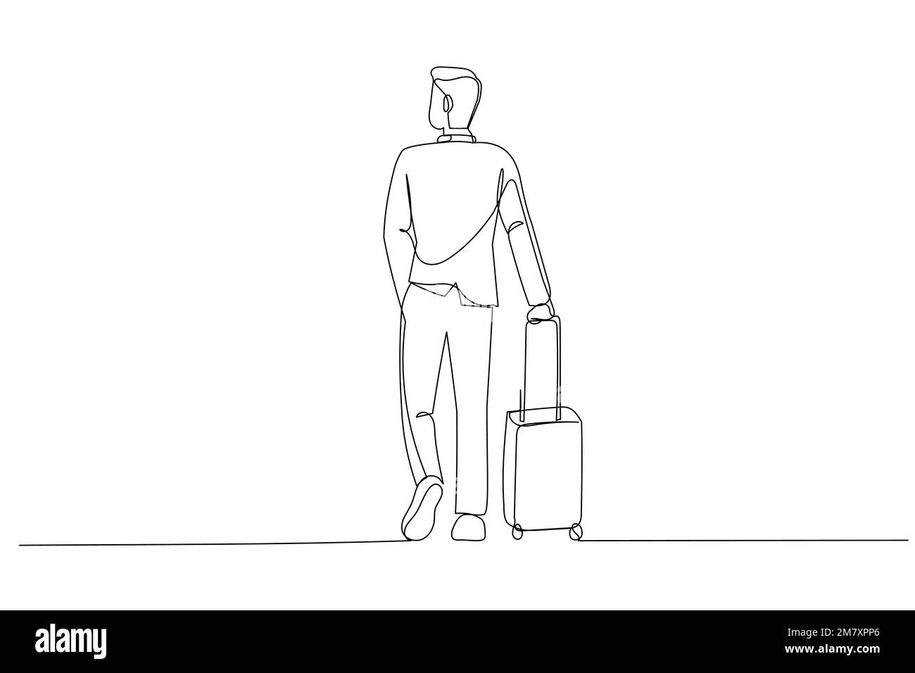 Cartoon of businessman in suit dragging suitcase luggage bag in the airport. One line art style Stock Vector