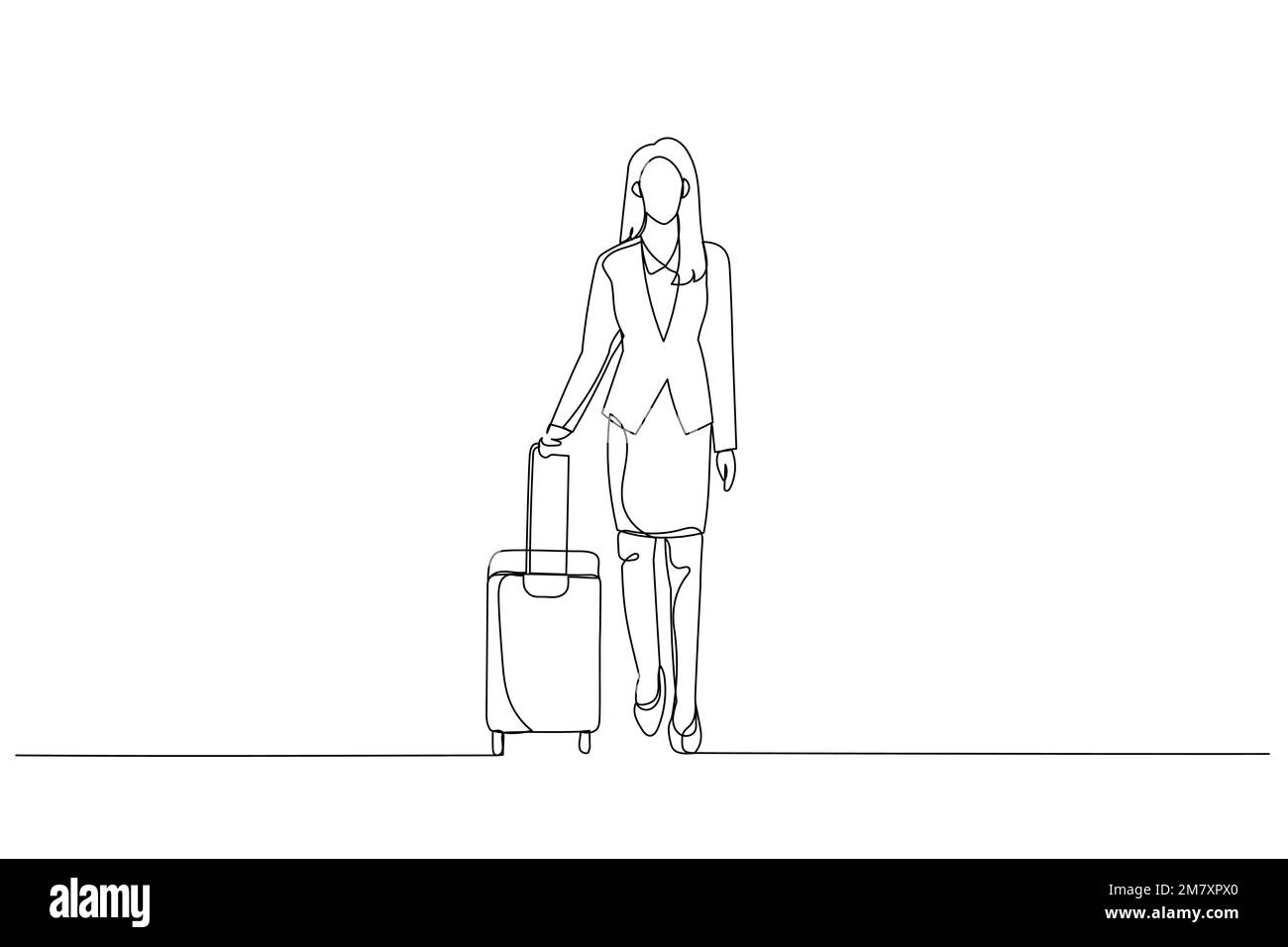 Drawing of beautiful businesswoman travelling by air. Single continuous line art style Stock Vector