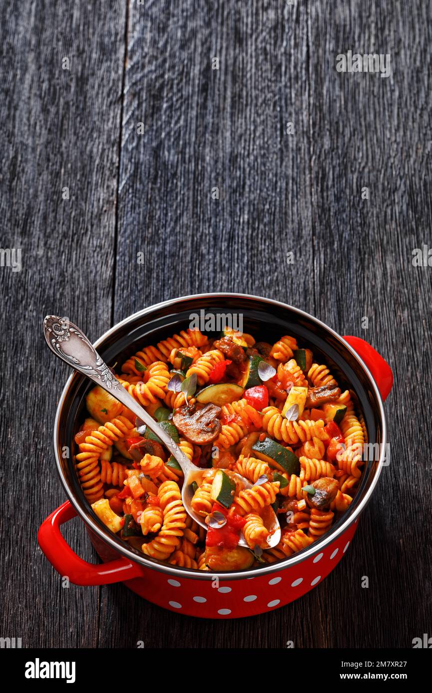 One Pot Veggie Pasta of rotini, zucchini, capsicum, mushrooms smothered
