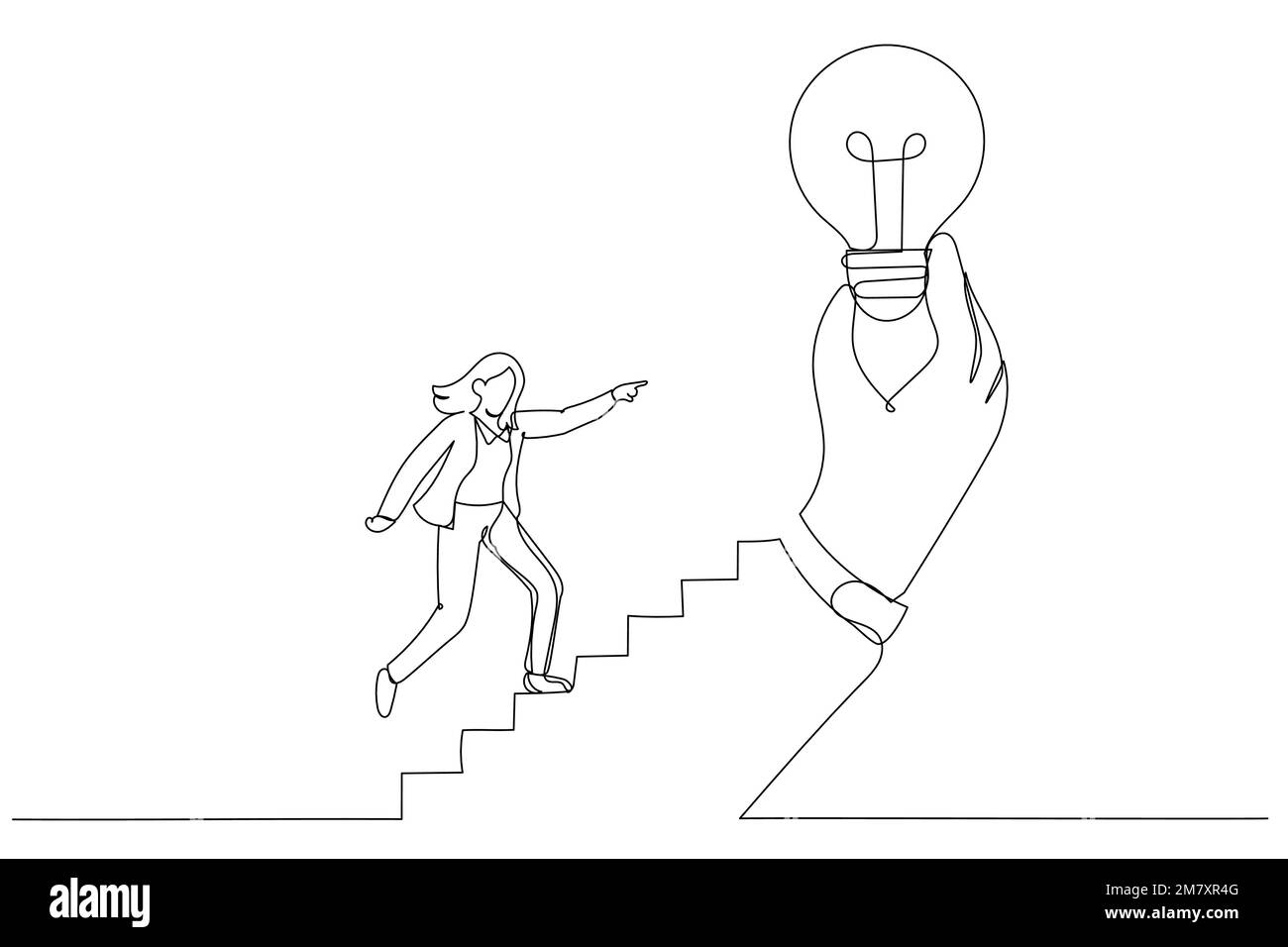 Illustration of businesswoman step on stair of big hand holding inspiring bright lightbulb. Inspiration idea. One continuous line art style Stock Vector
