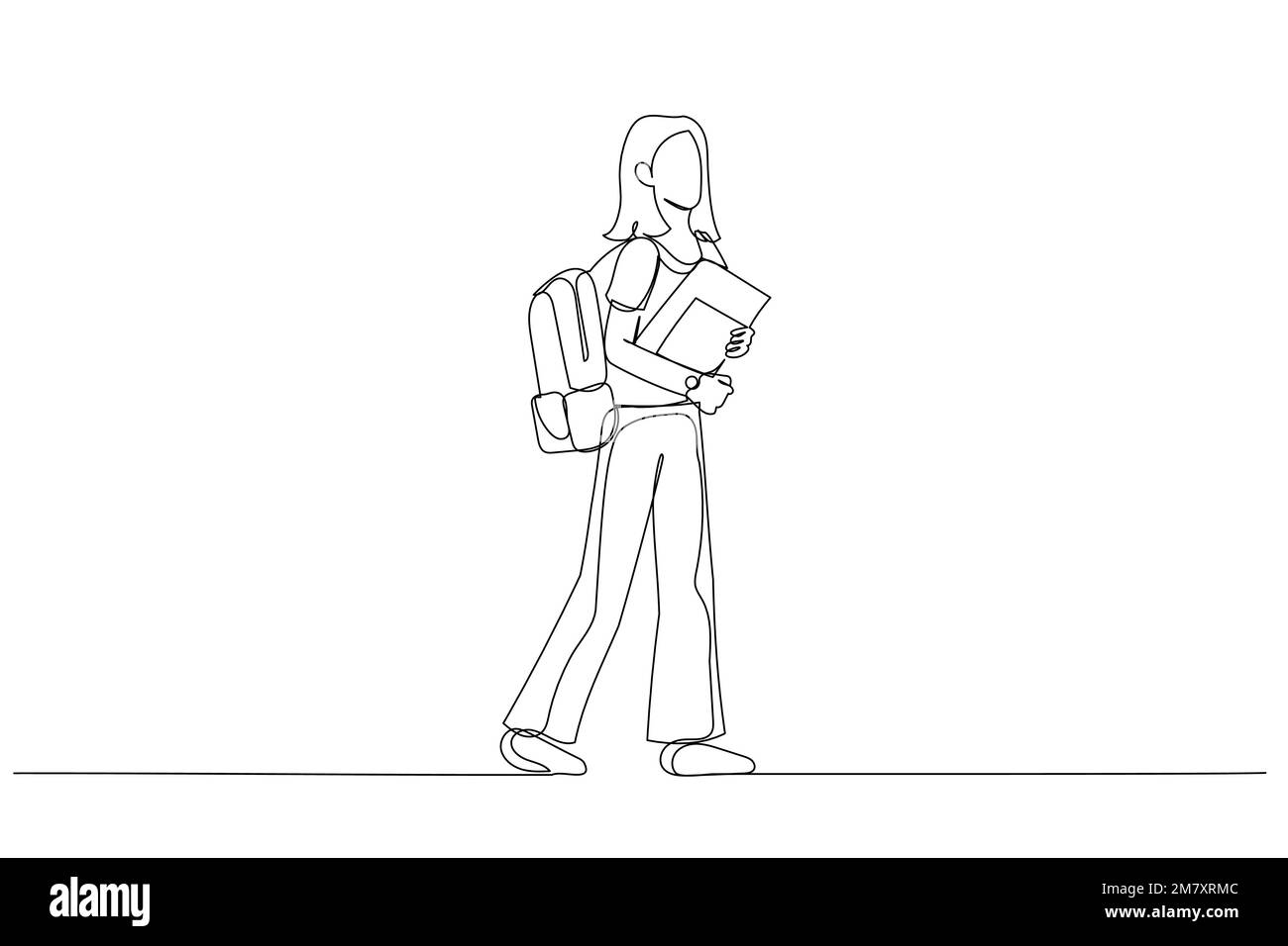 https://c8.alamy.com/comp/2M7XRMC/drawing-of-full-body-side-view-student-girl-hold-backpack-books-walk-single-continuous-line-art-style-2M7XRMC.jpg