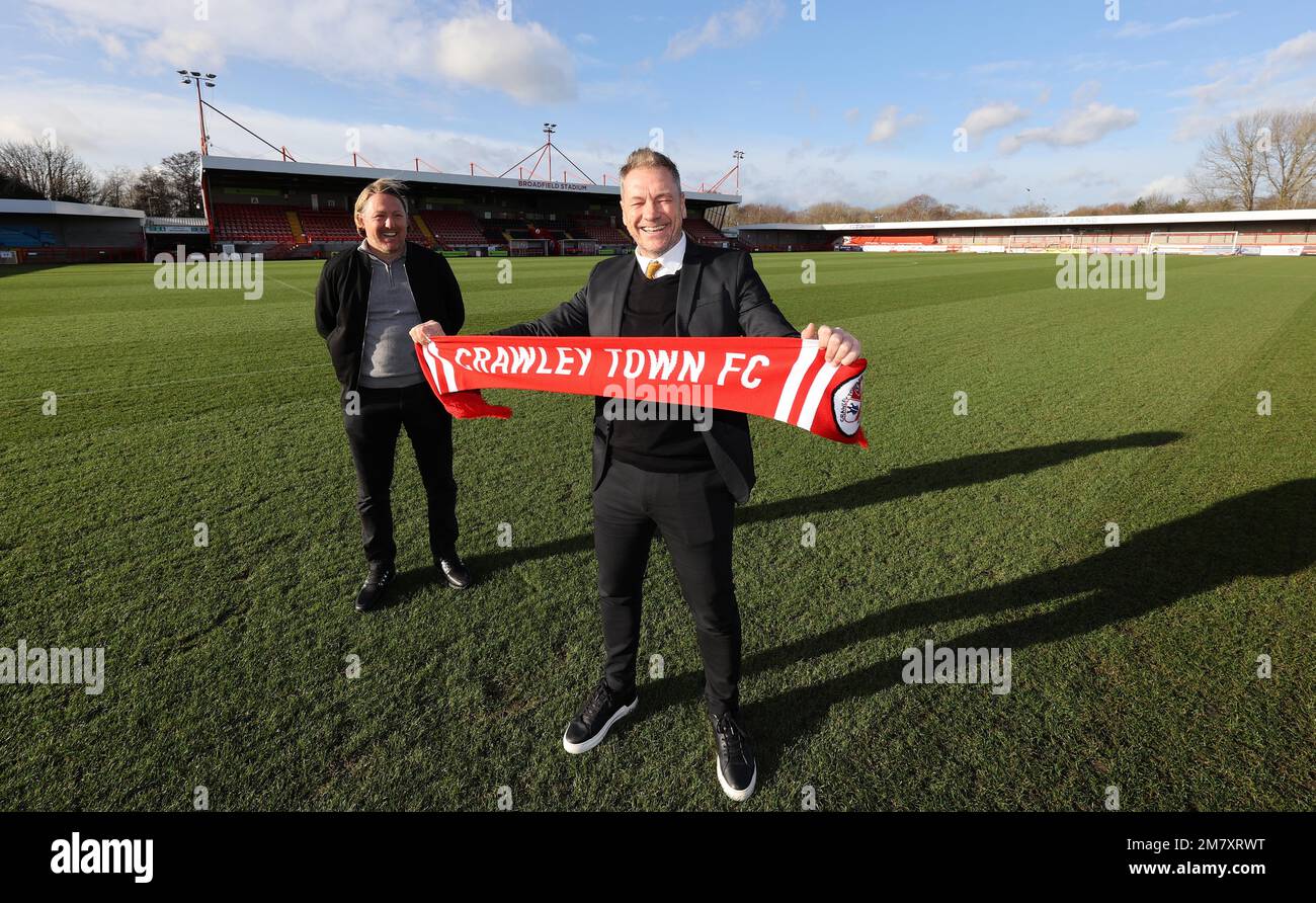 Crawley, UK. 11th Jan, 2023. Crawley Town Football Club's new manager Scott Lindsey and his assistant Jamie Day at the Broadfield Stadium today. Credit: James Boardman/Alamy Live News Stock Photo