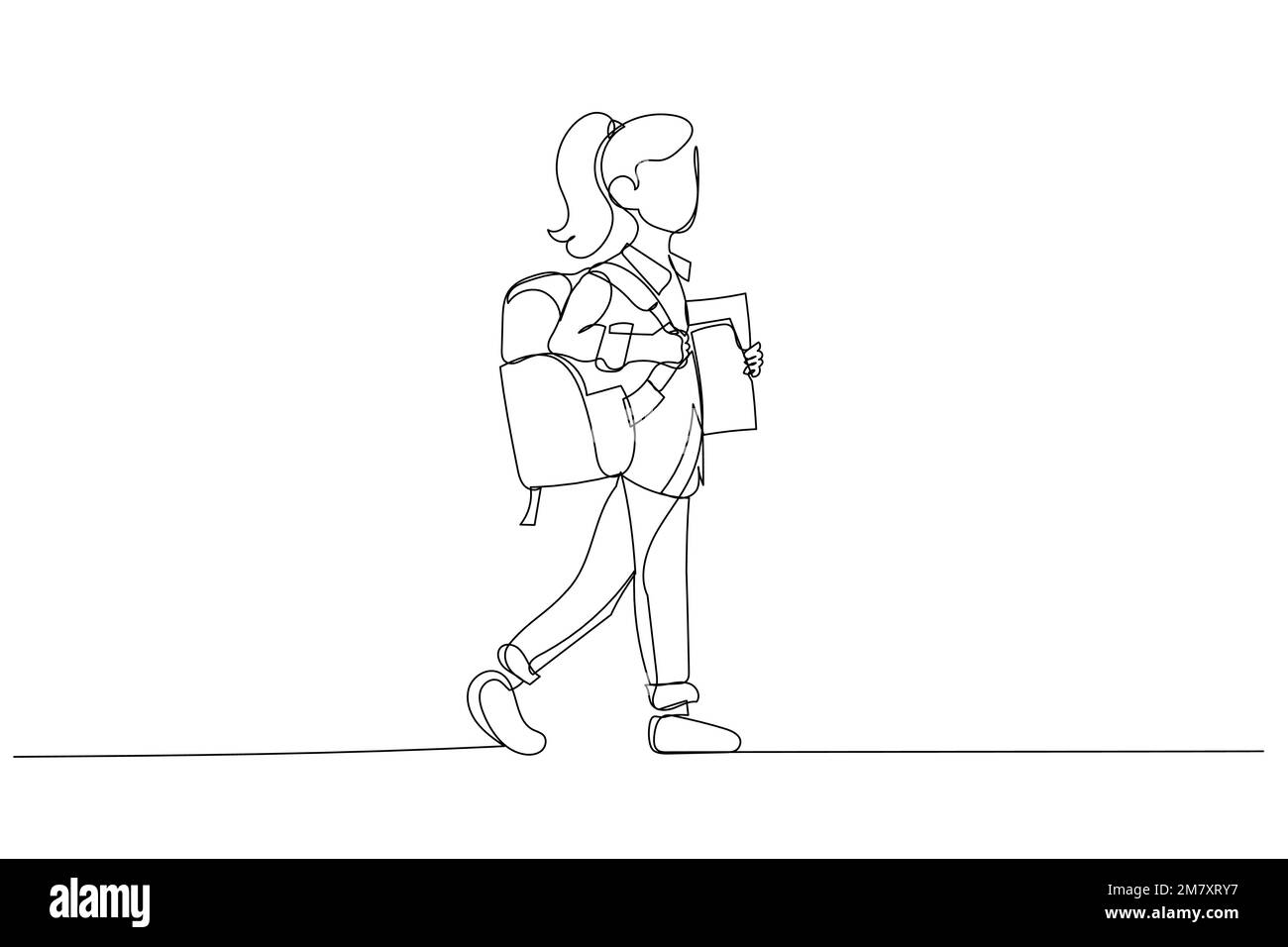 Drawing of school student holding books and backpack walking for education concept. Continuous line art Stock Vector