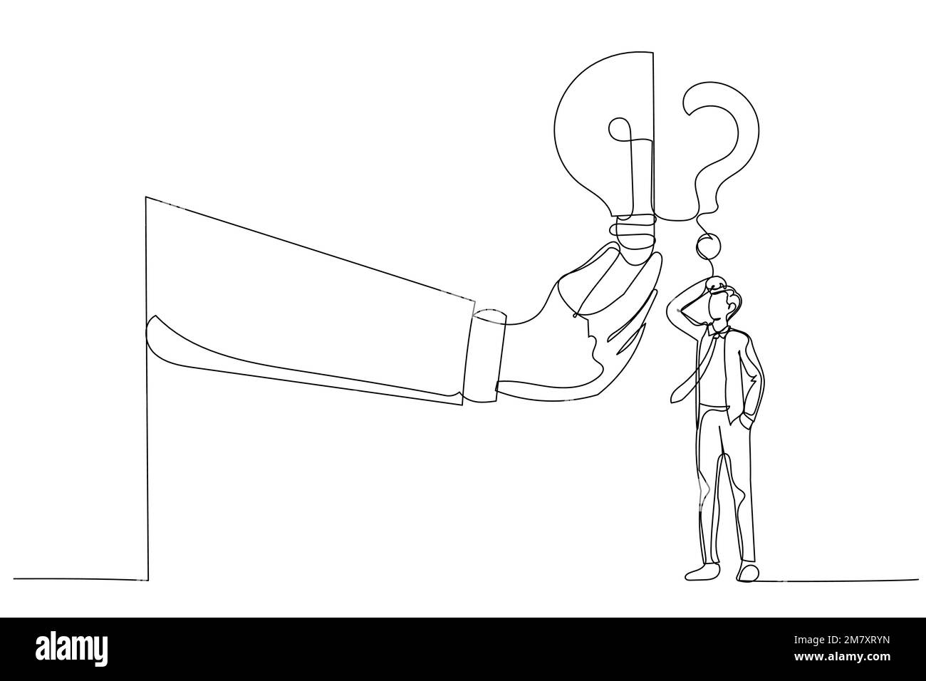 Drawing of businessman stand with question mark sign then helping hand put half of lightbulb lamp . Business problem. Continuous line art Stock Vector