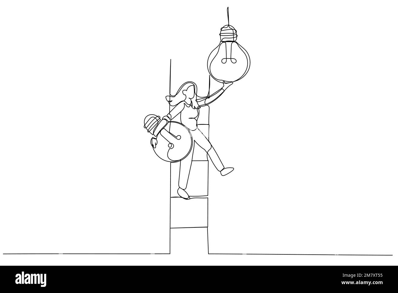 Drawing of businesswoman leader climb up ladder to change