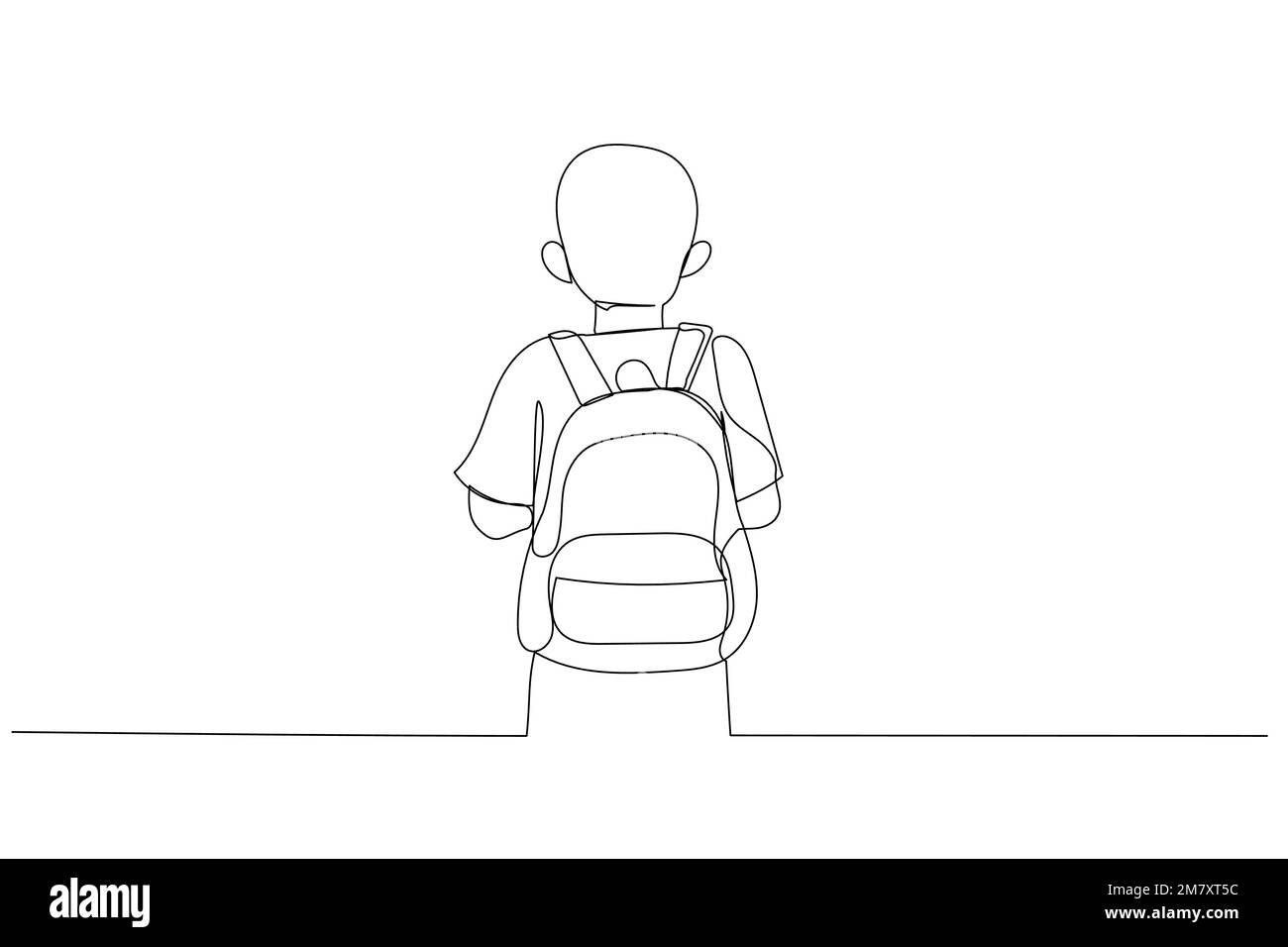 Illustration of back view schoolboy with full backpack go to school. Single line art style Stock Vector