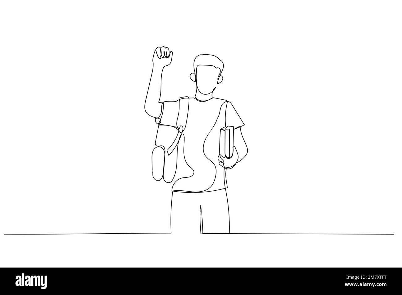 Drawing of teen boy with books and backpack with cap making greeting gesture. Continuous line art Stock Vector