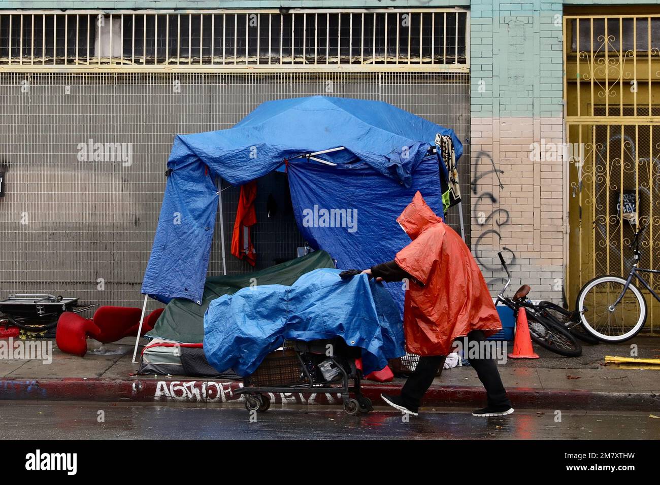 Los Angeles, USA. 11th Jan, 2023. A homeless person walks in the rain ...