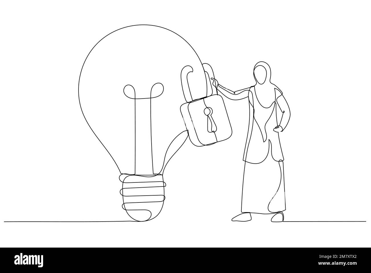 Drawing of muslim businesswoman owner standing with light bulb idea locked with padlock for patents. Intellectual property. Single continuous line art Stock Vector