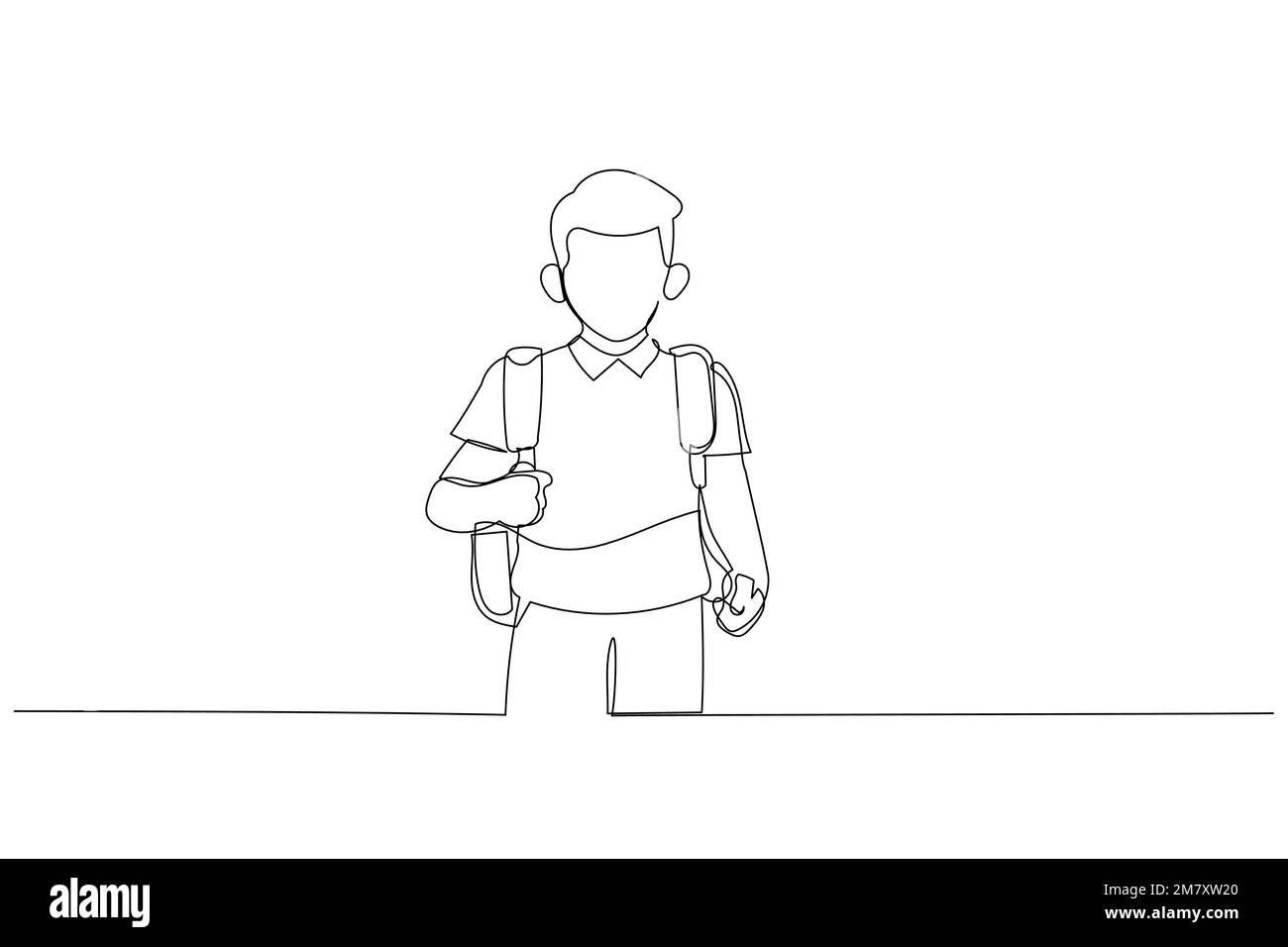 Illustration of boy going to school for the first time. Child with school bag and book. Single line art style Stock Vector
