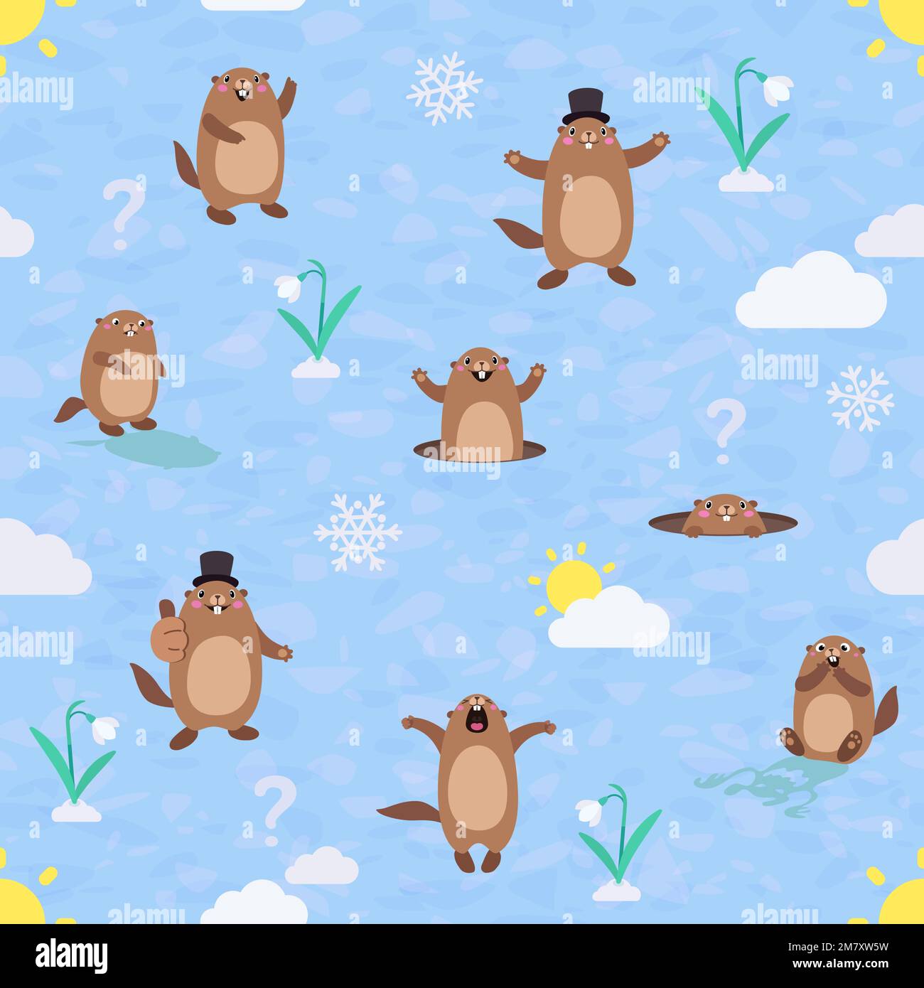 Seamless pattern with cute cartoon marmot, snowflake and flower. Vector illustration Stock Vector