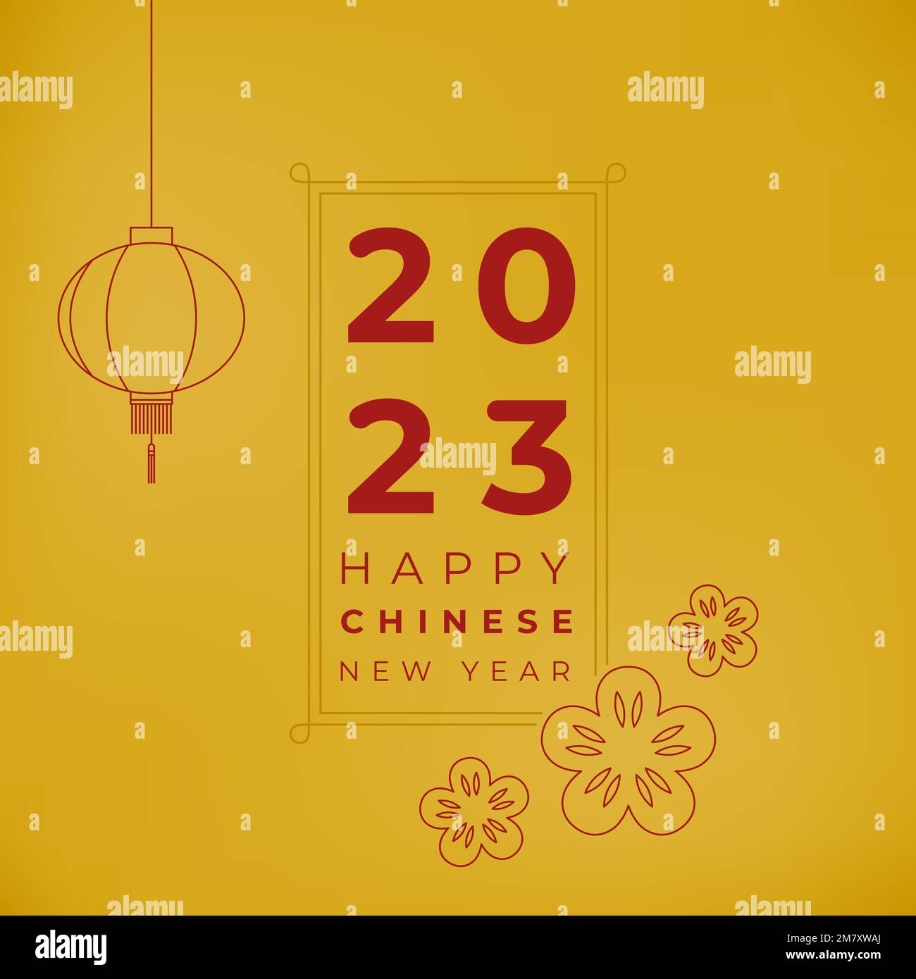 Hanging burgundy lantern and flowers. Happy Chinese New Year. Year of the rabbit. 2023. Vector illustration, flat design Stock Vector