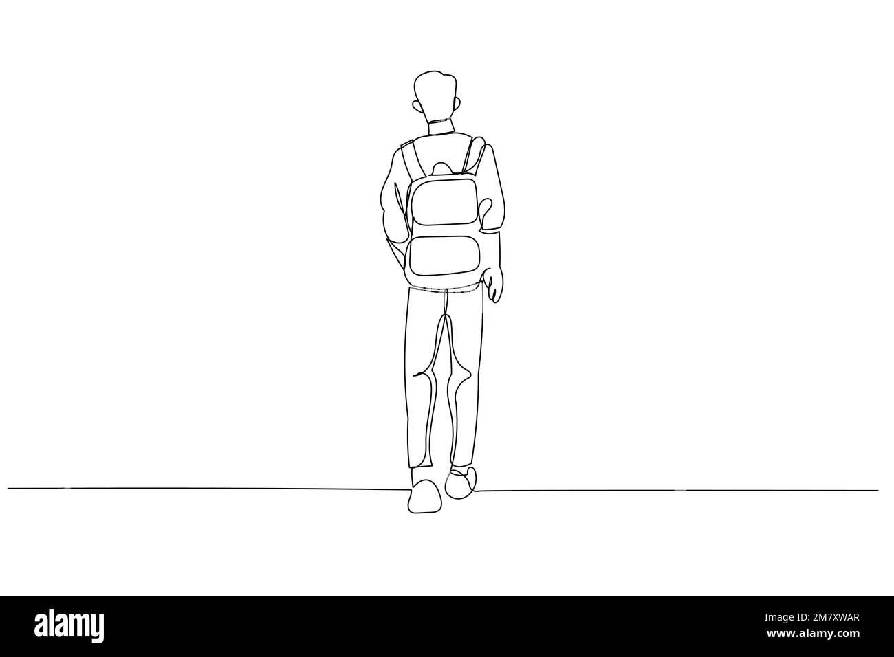 Cartoon of young student in casual clothes, with backpack, back view