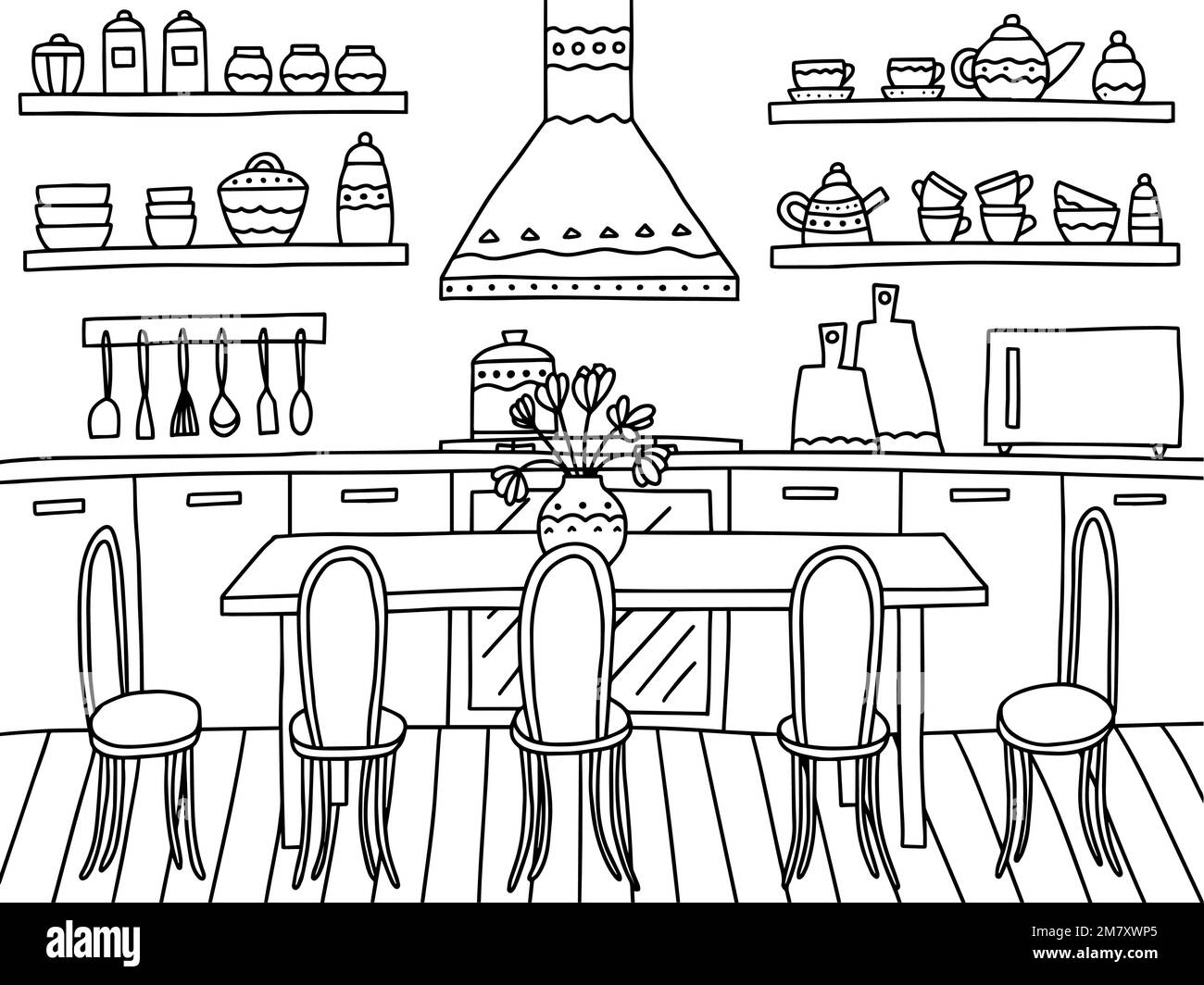 Kitchen interior vector coloring page Stock Vector