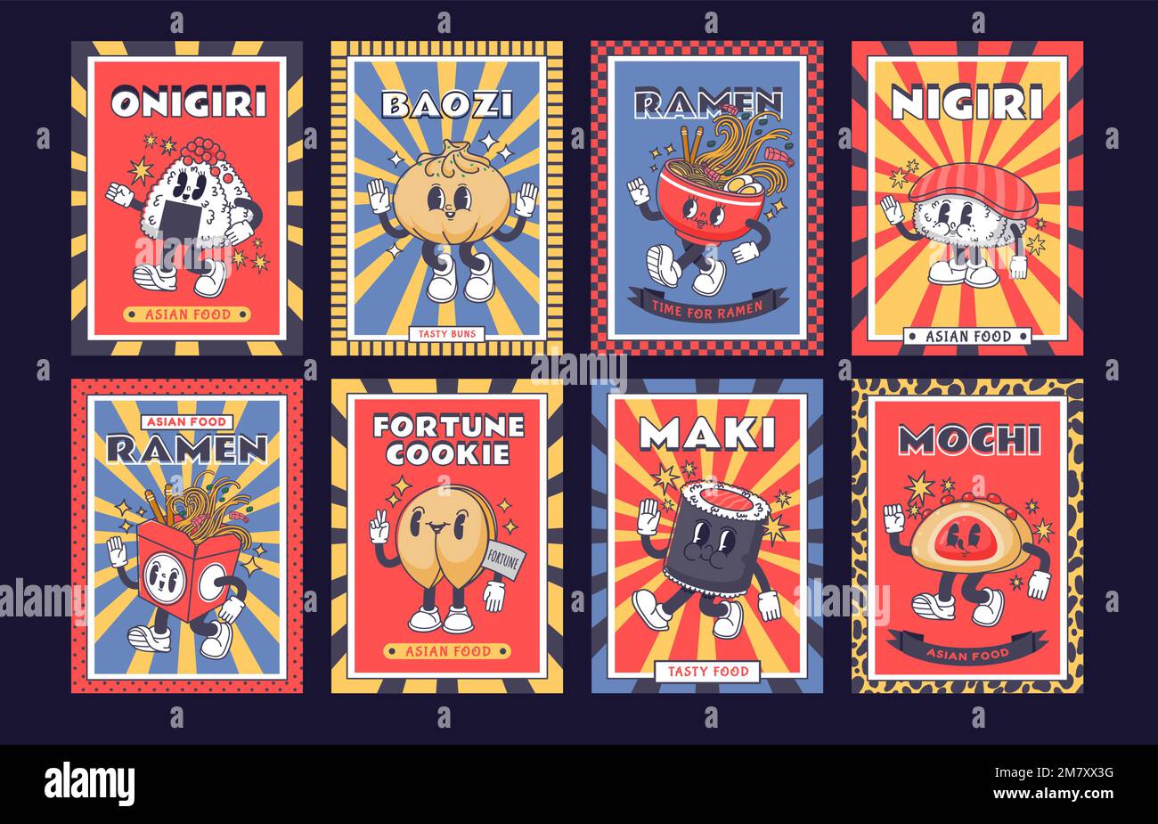 Asian food emblem. Japanese mochi, onigiri and ramen poster with mascot character. Chinese baozi