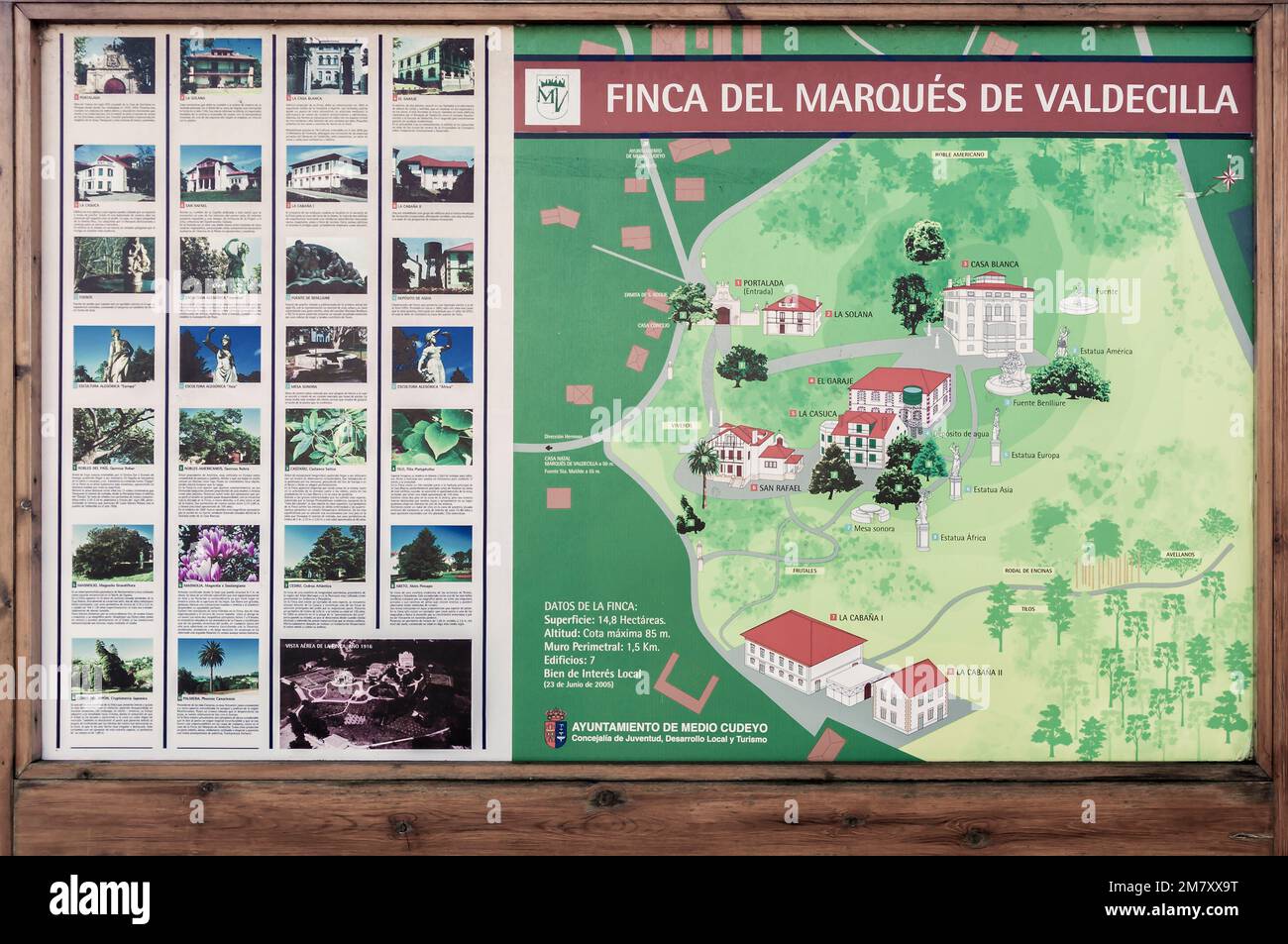Table with the map of the Marqués de Valdecilla farm and museum, Medio Cudeyo, municipality of the Trasmiera region in Cantabria, Spain, Europe Stock Photo