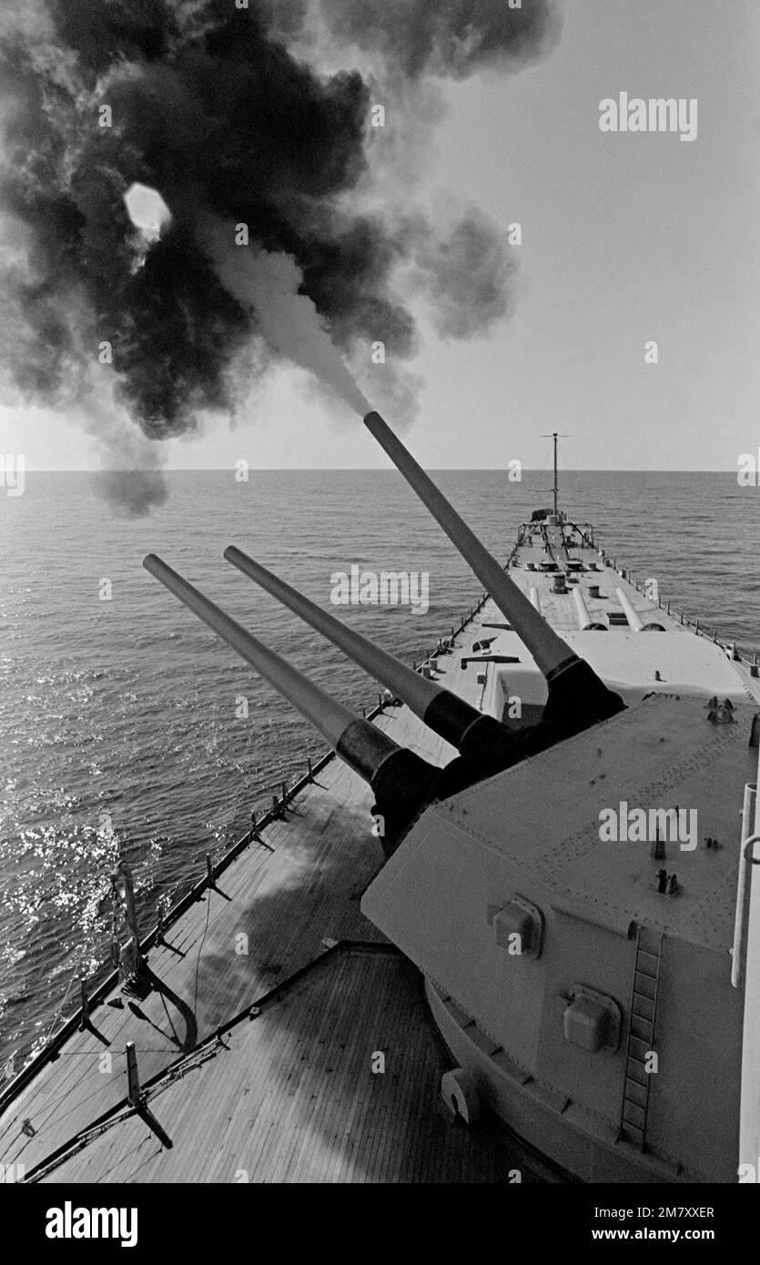 A closeup view of the 16inch/50caliber guns being fired aboard the