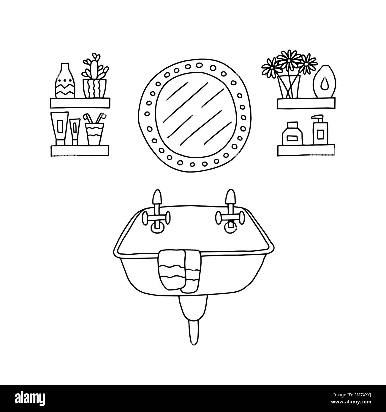 Doodle bathroom sink and mirror Stock Vector