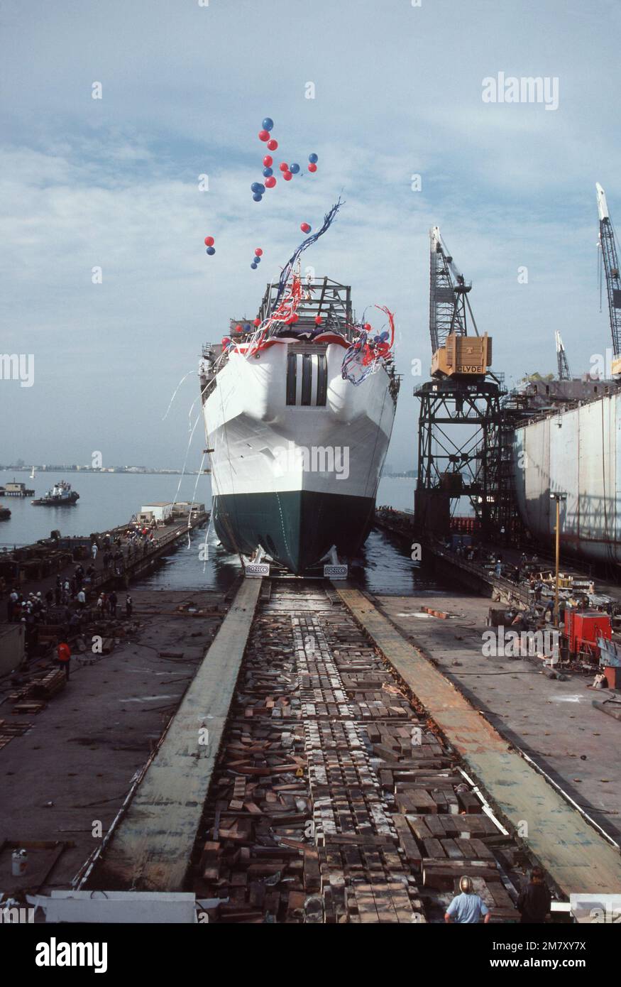 A bow on view of the cable repair ship USNS ZEUS (T-ARC-7) during its launching ceremony. The ship was built by the National Steel and Shipbuilding Company. Base: San Diego State: California (CA) Country: United States Of America (USA) Stock Photo