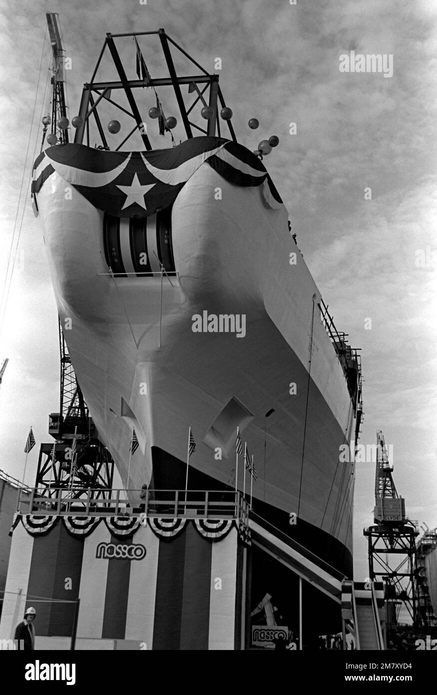 A port bow view of the cable repair ship USNS ZEUS (T-ARC-7) during its launching ceremony. The ship was built by the National Steel and Shipbuilding Company. Base: San Diego State: California (CA) Country: United States Of America (USA) Stock Photo
