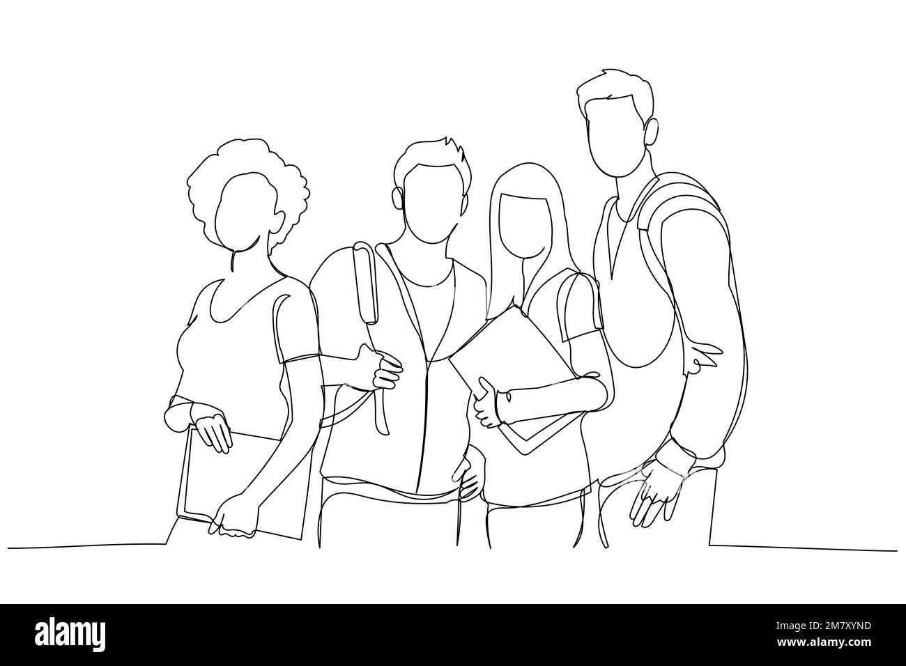 Drawing of Group Of Students holding books posing after calls. Single continuous line art Stock Vector