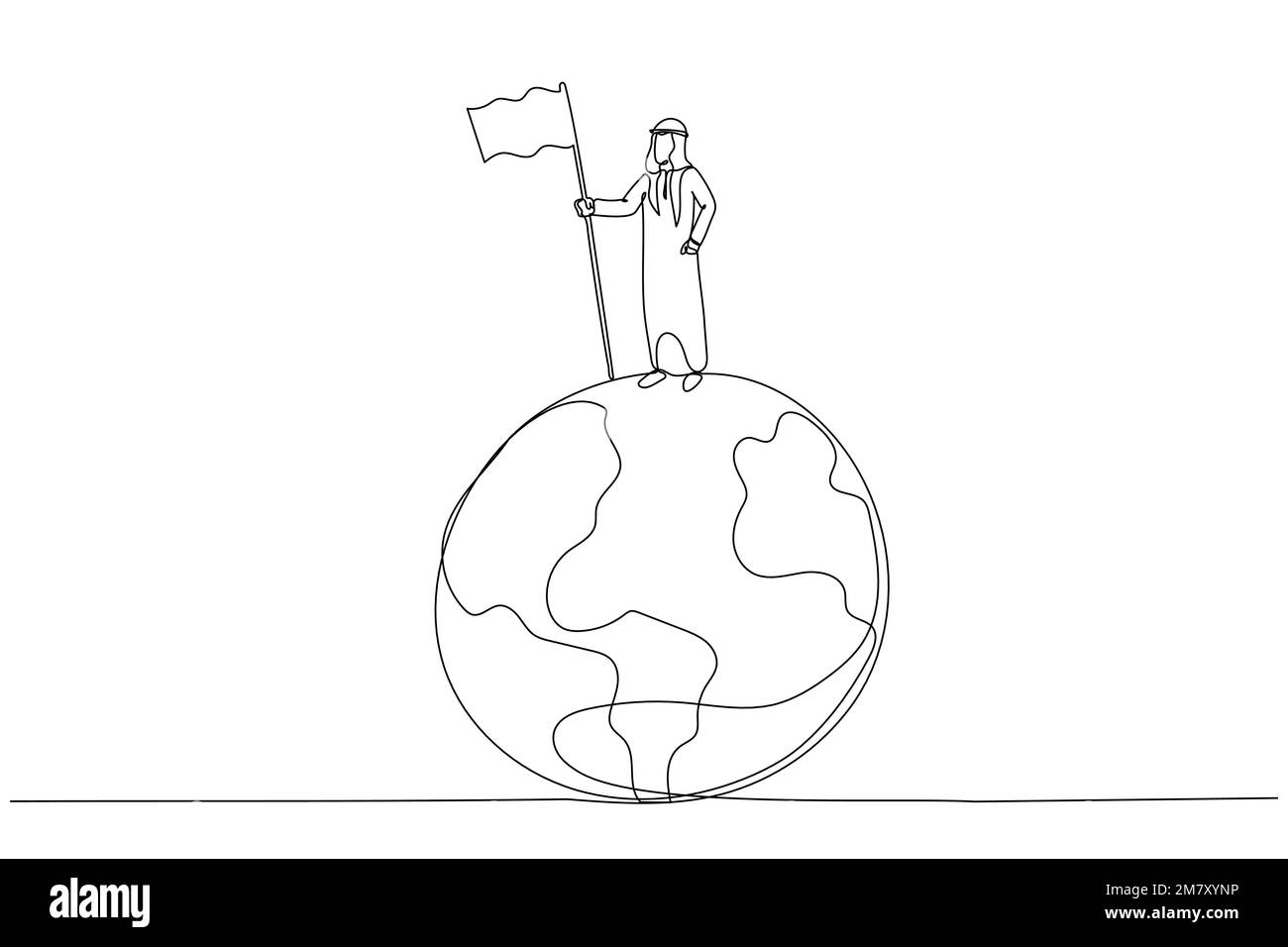 Illustration of arab businessman climb up ladder holding winning flag on globe winning global business competition. Single line art style design Stock Vector