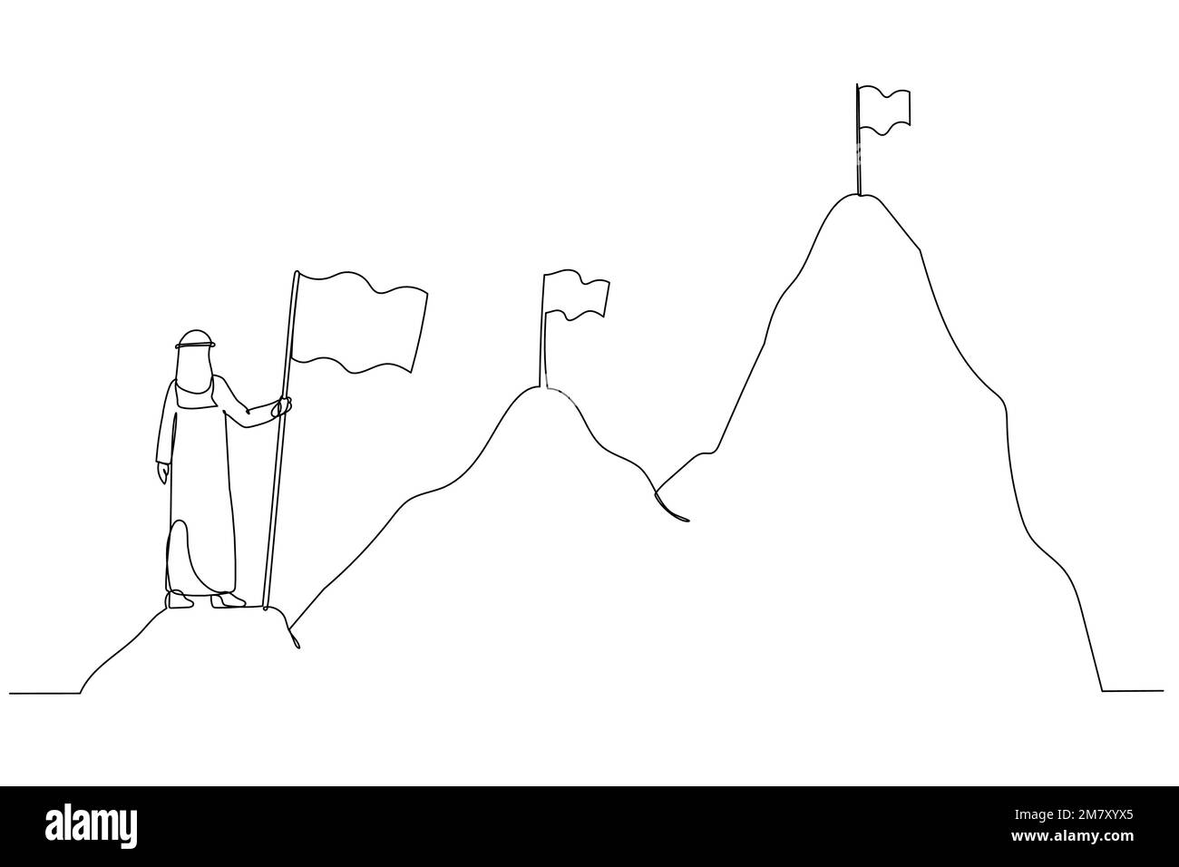 Cartoon of arab businessman climbing up mountains concept of business development. One line art style design Stock Vector