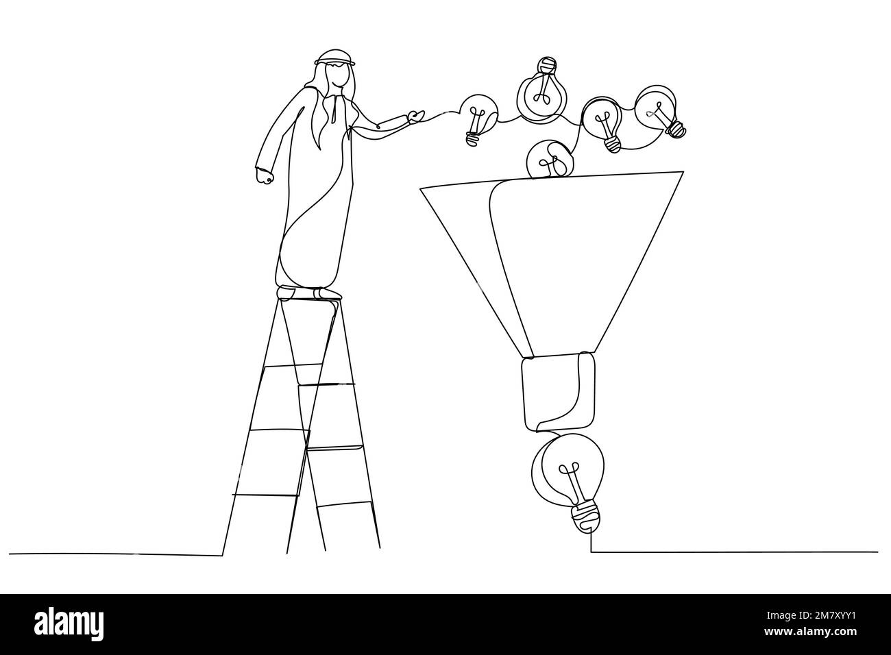 Illustration of arab businessman help put small lightbulb in funnel to get final idea. Idea funnel. Single line art style Stock Vector