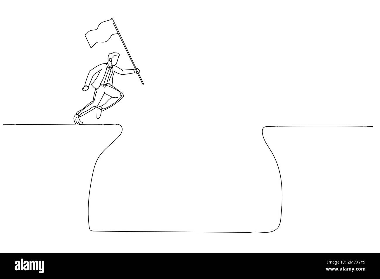 Cartoon of businessman jump over cliff gap to achieve business target