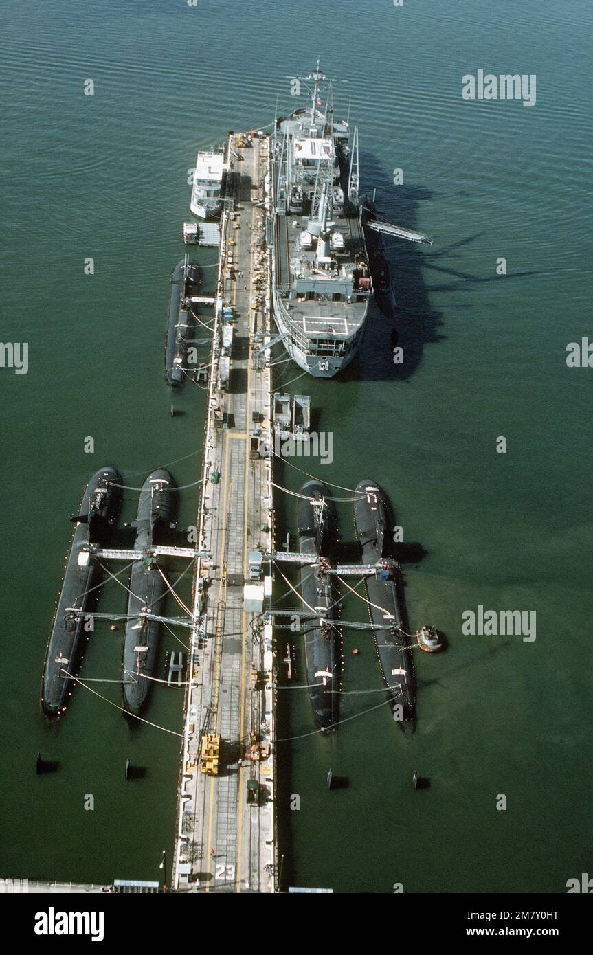 Aerial view of the submarine tender USS EMORY S. LAND (AS39) at the
