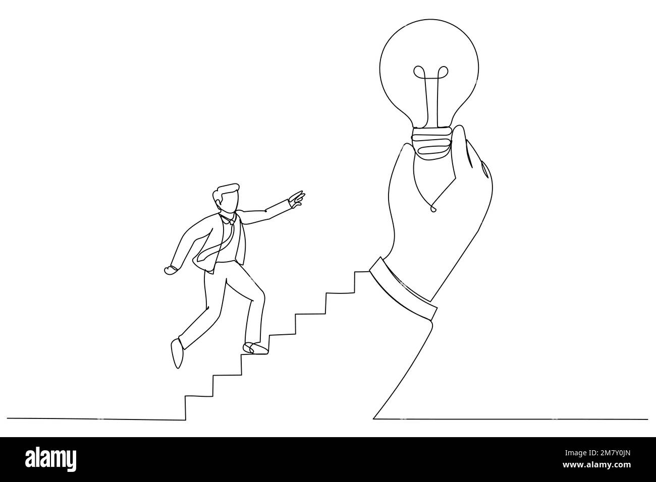 Drawing of businessman step on stair of big hand holding inspiring bright lightbulb. Inspiration idea. Continuous line art style Stock Vector