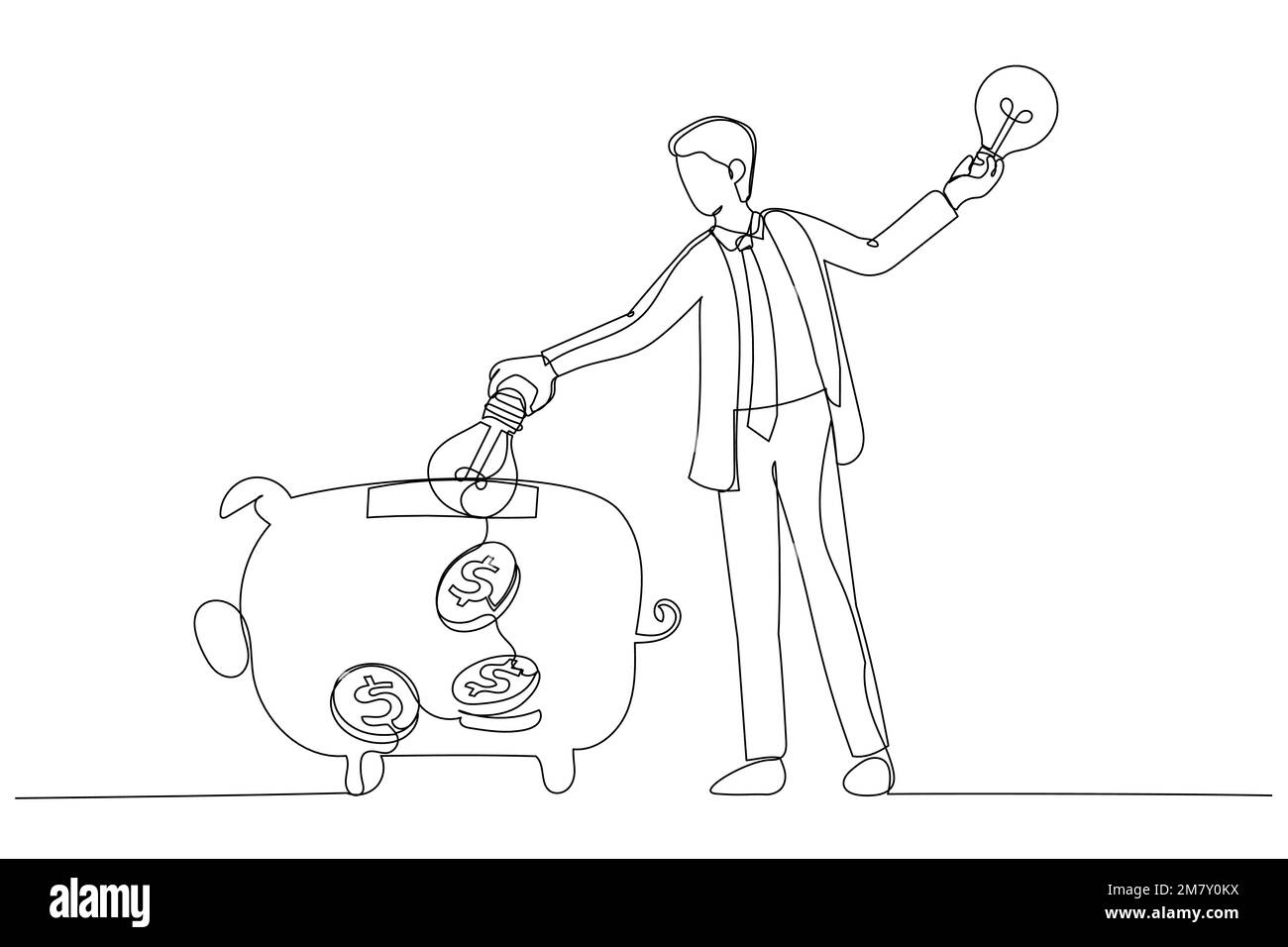 Drawing of businessman rising on bulb balloon try to find opportunity ...