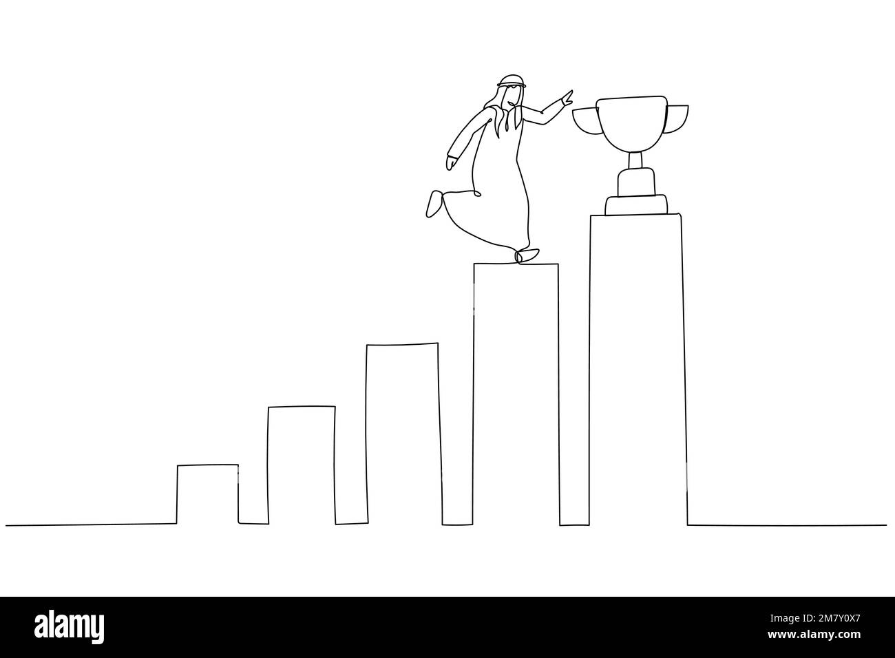Cartoon of winning arab businessman step up growing bar graph to win the trophy success concept. Single continuous line art style design Stock Vector