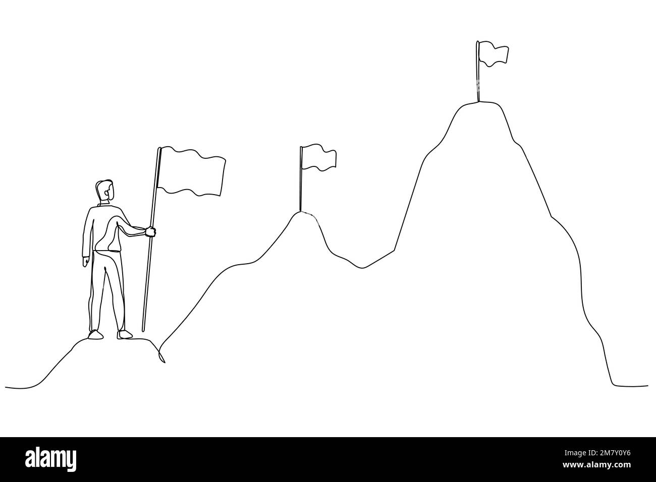 Cartoon of businessman climbing up mountains concept of business development. One line art style design Stock Vector
