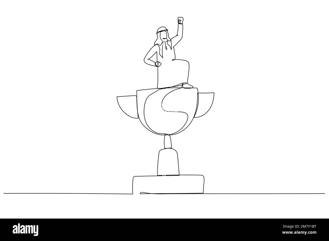 Cartoon of arab businessman winner raising flag on winning trophy get victory. Continuous line art design Stock Vector