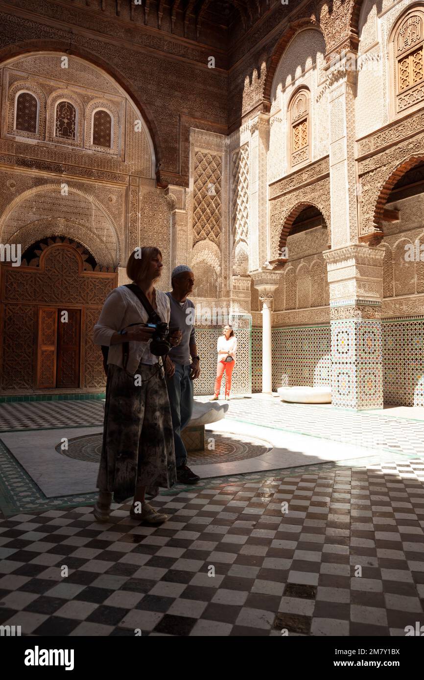 Fez, Morocco-April 23, 2014: Tourists in a Mosqe during a nice spring morning in the Medina of Fez Stock Photo