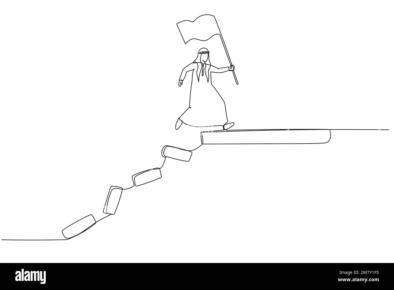 Cartoon of arab man jumping on collapse bridge to reach target concept of survival. One continuous line art style design Stock Vector