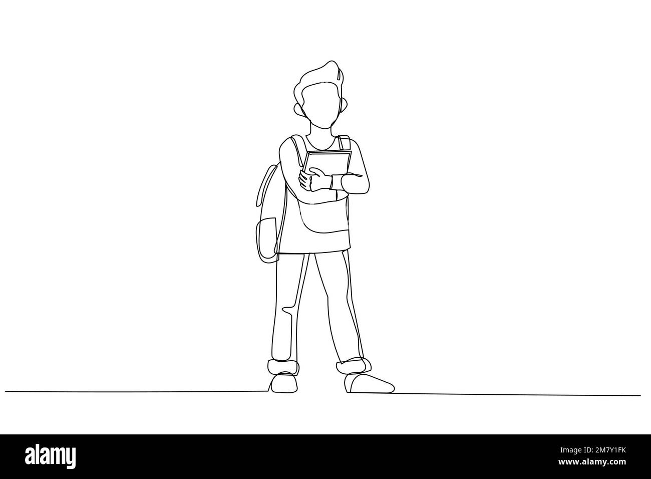 Cartoon of young boy standing and holding books. One line art style Stock Vector