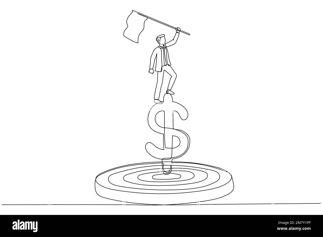 Cartoon of businessman holding winner flag on top of dollar money target concept of financial goal. One continuous line art style design Stock Vector