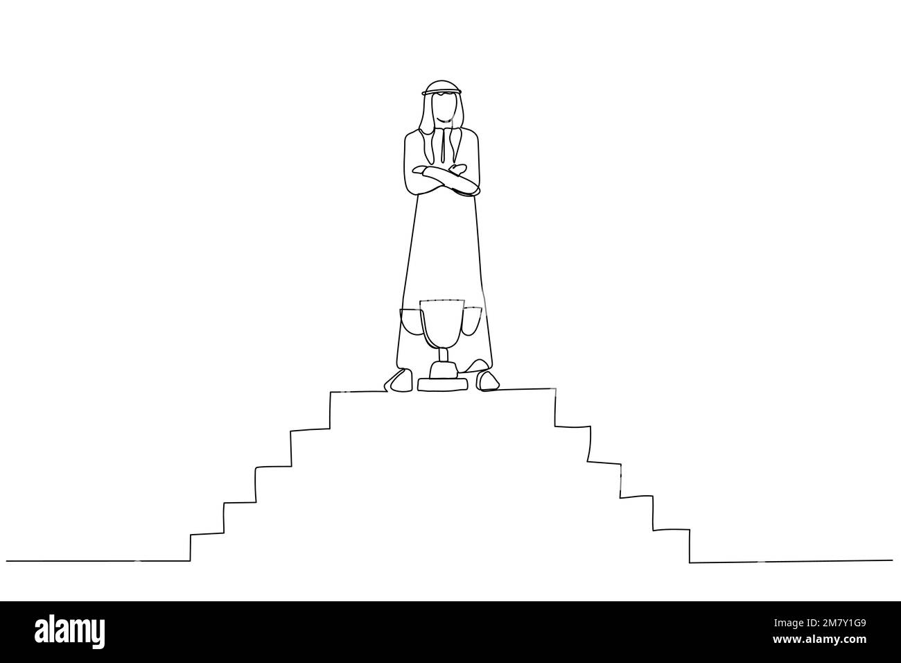 Drawing of arab businessman on top of the stairs being a winner with trophy. One line art style design Stock Vector