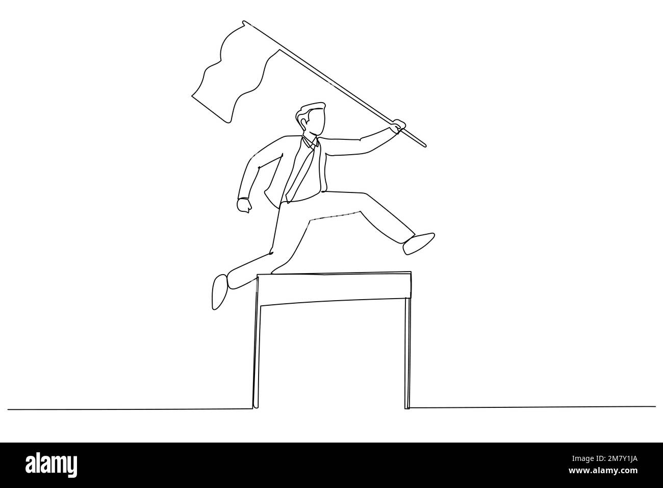 Illustration of businessman competing in race holding a leader flag jumping over obstacle concept of determination. Single line art style design Stock Vector