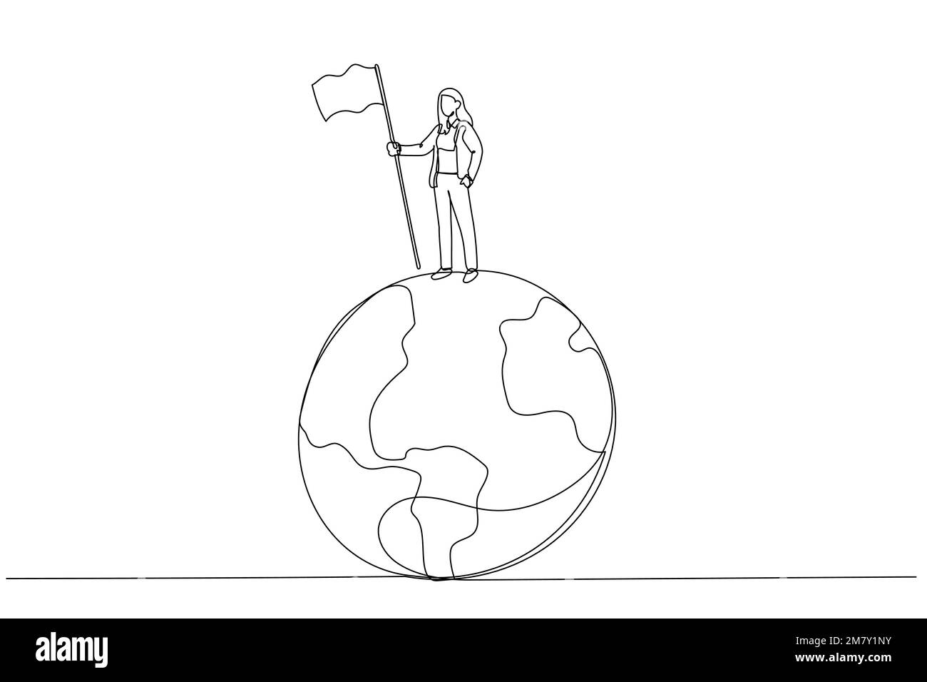 Illustration of businesswoman climb up ladder holding winning flag on globe winning global business competition. Single line art style design Stock Vector