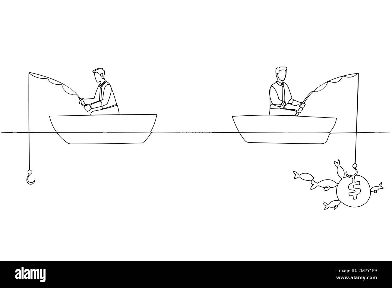 Illustration of businessman fishing dollar money profit sitting in boat. Single continuous line art design Stock Vector